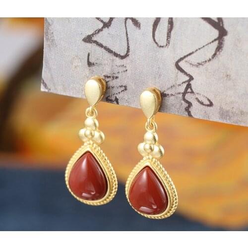 SA SILVERAGE Chinese National Wind Earpiece Red Agate Earrings 2021 Women S925 Sterling Silver Water Drop Womens Earrings