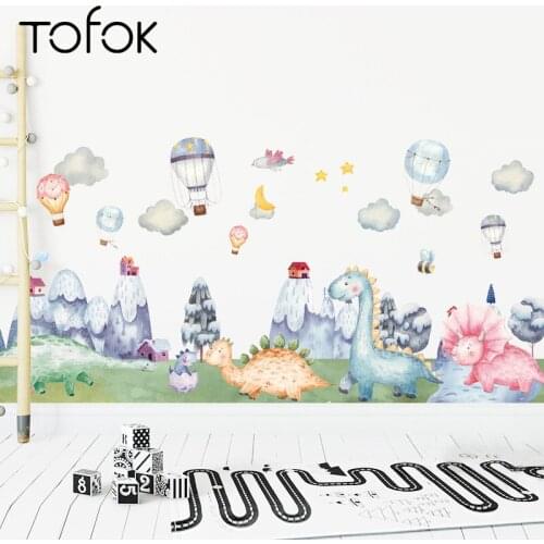 Tofok DIY Watercolor Snow Mountain Dinosaur Clouds Wall Sticker Decoration Lovely Living Room Sofa TV Background Mural Decals