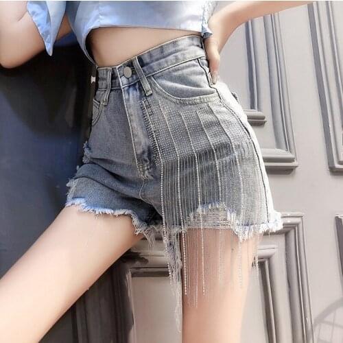 High Waist Shorts Thin Korean Sexy Women 2021 Summer New Denim Tassel Diamond Heavy Industry Style Denim A713