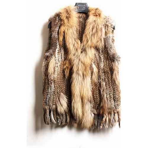 High quality Hot Sale Retail/wholesale Raccoon Dog Fur Collar Trim Women Knitted Natural Rabbit Fur Vest Gilet/waistcoat