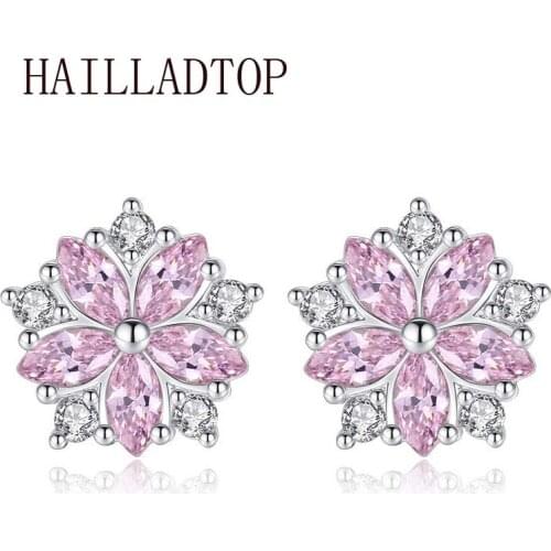 Super Shiny Crystal Horse Eye Flower Pink Stud Earrings Flower Zircon Earring Five Petals Crystal Diamond Ear Jewelry for Female