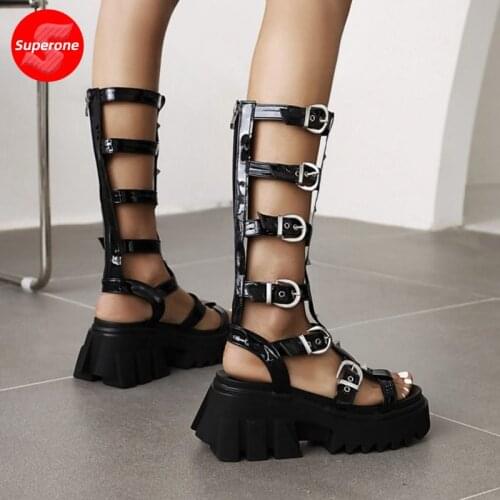 Superone Women Summer Boots Knee High Black Solid Color Metal Buckle Platform Club Fasion Punk 2021 New Footwear Size 35-43