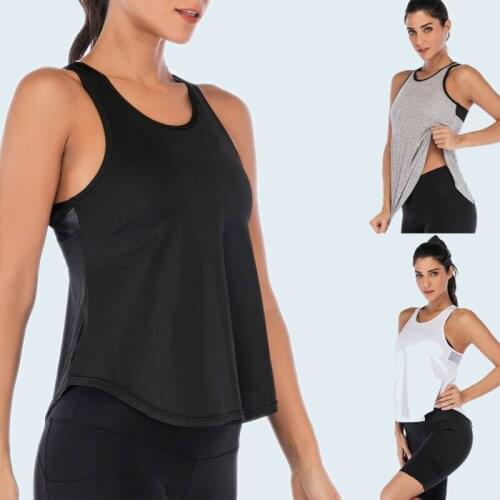 Womens Yoga Shirts Sports Vest Black Breathable Gym Running Training Workout Fitness Patchwork Split Top Irregular Sleeveless