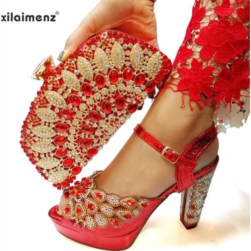 2019 Red Color Super High Heels Nigerian Shoes with Matching Bags Set Shoe and Bag Set for Party In Women with Shinning Crystal