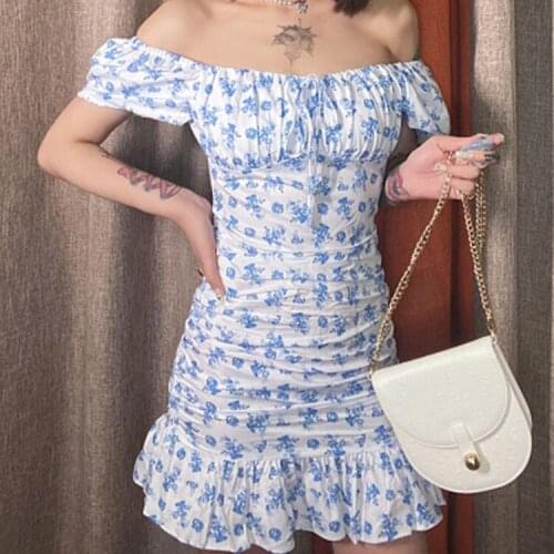 Elegant Print Ruffled Mini Dress Short Sleeve Slash Neck Sexy Breast Wrap Dress High Waist Lace Up Bodycon Fitness Women Outfits