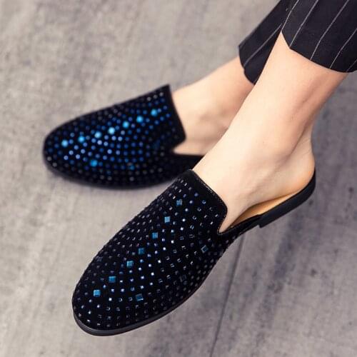 2020 New Fashion Mens Mules Lightweight Half Shoes for Man Breathable Slip-on Slippers Diamond Design Half Loafers Outdoor Flats