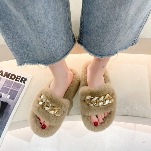 2021 winter plush slippers fashion solid color womens sandals metal chain outdoor casual womens shoes