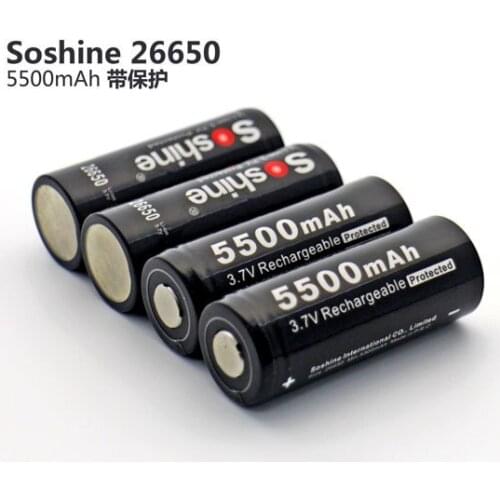 4pcs/LOT Soshine 26650 3.7V 5500mAh Protected Rechargeable Li-ion Lithium Battery with Box Power Sources
