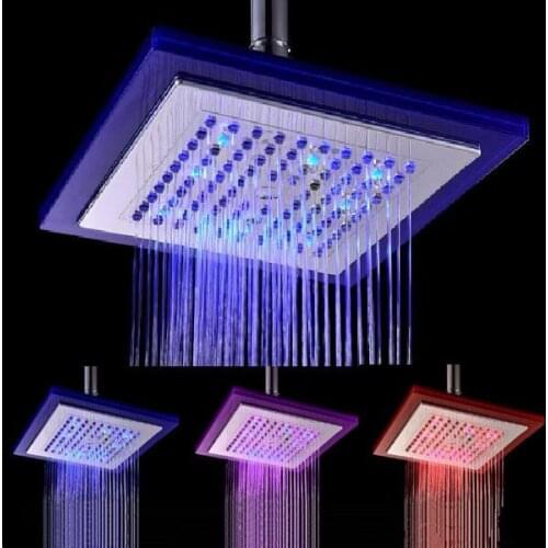 LED Acrylic Square Top Spray Shower Head 8 Inch Large Showers Water Boostertemperature Control Three Color Luminous