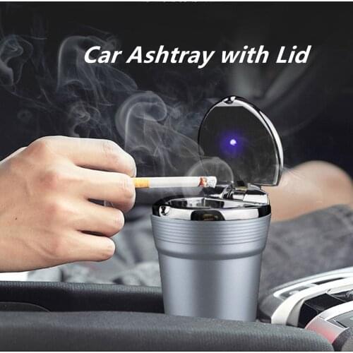 Car Ashtray with Lid Portable Car Cigarette Ashtray with Blue LED Light Car Cup Holder for Women/Men Car Interior Accessories