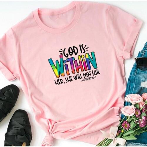 God Is Within Her She Will Not Fall Bible Inspirational Religious T Shirt Women Christian Tshirt Floral Letter Top Dropshipping
