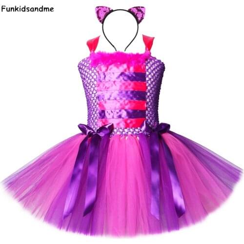 Alice Cat Girls Tutu Dress Hot Pink Purple Cartoon Tulle Girl Party Dress Children Kids Carnival Halloween Cosplay Costume 2-12Y