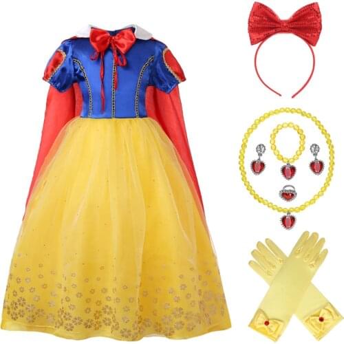 Halloween Girls Princess Snow Dress up for Kids Puff Sleeve Cosplay Costume with Long Cloak Child Party Birthday Fancy Gown