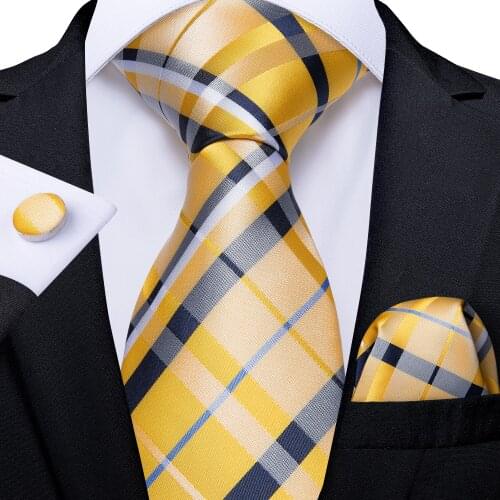 DiBanGu Mens Necktie Yellow Black Plaid Silk Wedding Tie For Men Tie Hanky Cufflink Set Business Party New Design Dropshipping