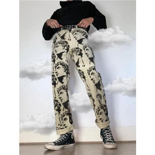 Men Jeans New Printed Casual Statuary Loose Straight Denim Biker Pants Hip Hop Hombre Pantalon Artistic Work Streetwear