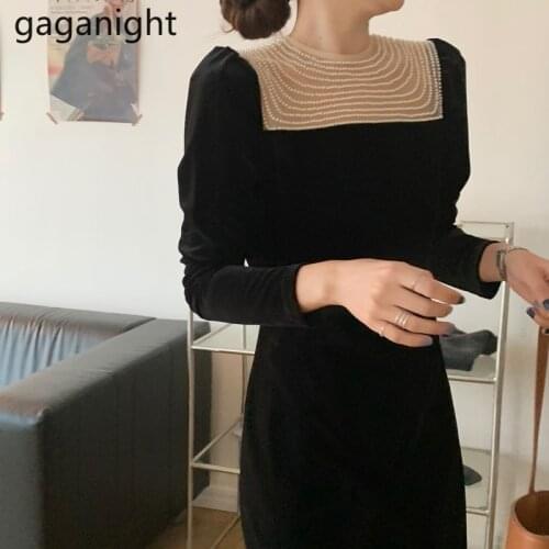 Gaganight Elegant O Neck Spring Dress Women Puff Long Sleeve Velvet Maxi Dress Vintage Beading Ladies Evening Party Dresses 2021