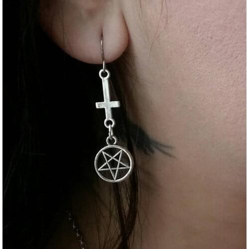 Cross and Pentagonal Perfect Pendant Earrings, Satan Jewelry, Charm Earrings for Fashionable and Simple Girls