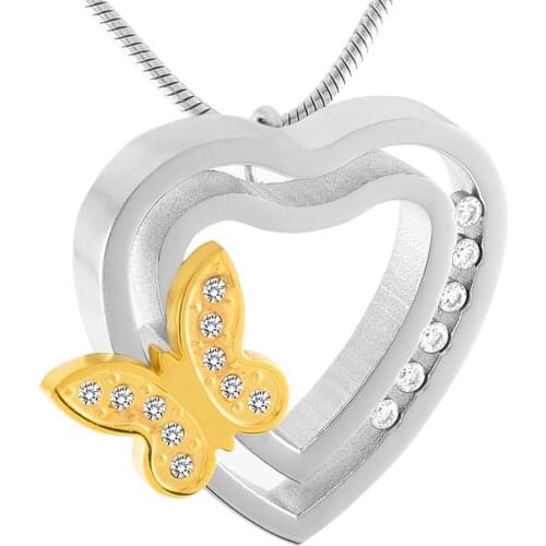 IJD9407 Cremation Ashes Keepsake Urn Pendant Butterfly in Heart Memorial Necklace Stainless Steel Necklace Funeral Pet Ash Urn