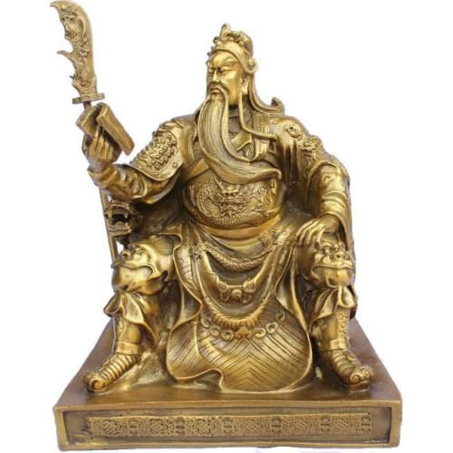 Chinese bronze brass Dragon Guan Gong/ Yu Reading book Statue 10"