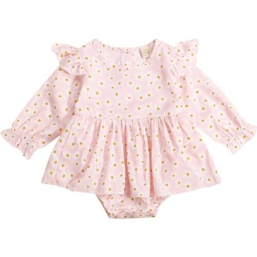 2021 0-24M Cute Infant Baby Girl Romper Dress Spring Autumn Daisy Print Pink Ruffle Long Sleeve O Neck Playsuit Outfit