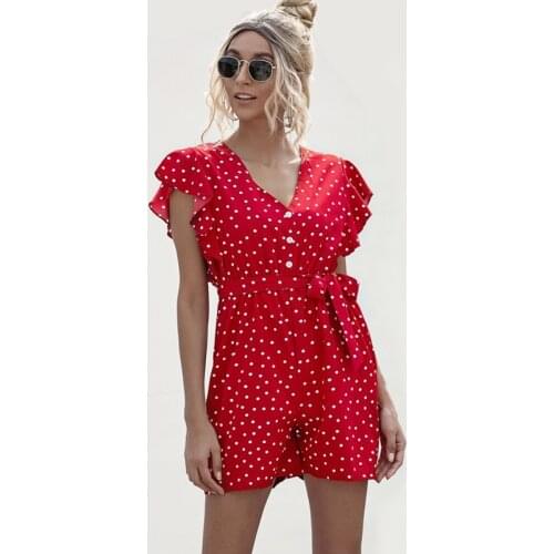 Women Polka Dot Print Fashion Red Playsuits 2020 Summer Vintage Short Sleeve High Waist With Belt Femme Elegance Short Jumpsuit