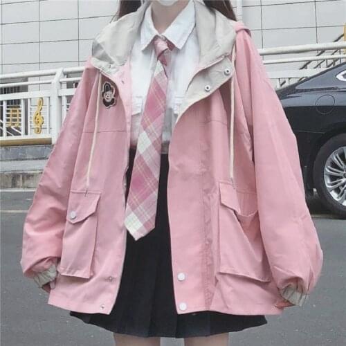Japanese preppy style loose punk large size zipper jacket streetwear Harajuku stitching ulzzang kawaii womens hoodeds jacket