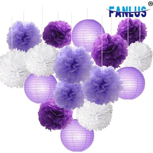 16pcs Paper Lanterns Craft Kit for Lavender Purple Themed Party Decor Baby Shower Tissue Paper Flowers Ball Pom Poms Mixed