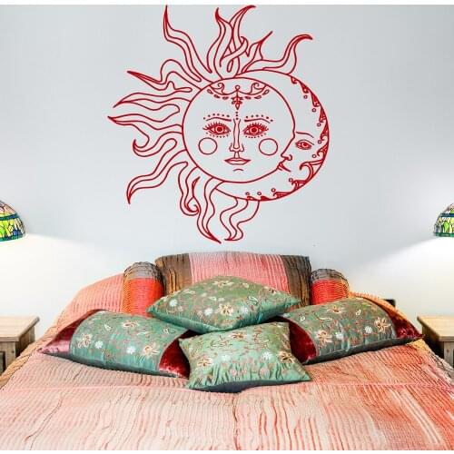 Sun And Moon Wall Decal Sticker- Crescent Moon Decor Ethnic Symbol Wall Decals Bedroom Dorm Bohemian Boho Bedding Wall Art A076