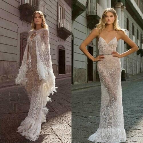 2020 Transparent Wedding Dresses with Wrap Pearls Spaghetti Straps Sexy Boho Bridal Wedding Gowns Luxurious Feather abiti da spo