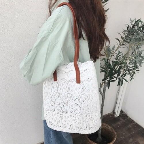Women Shoulder Bag Large Capacity Lace Patchwork Floral New Femle Handbags Casual Bucket Crossbody Bag