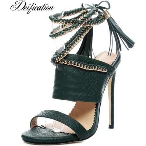 Deification Handmade Ankle Strap Women High Heels Shoes Gold Chains Slingback Women Pumps Lace-Up Fringe Women Gladiator Sandals