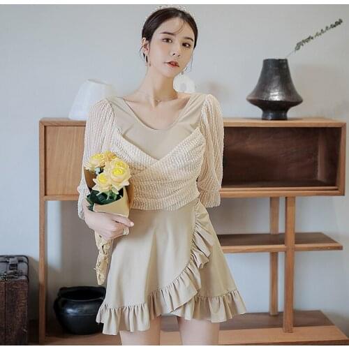 Beige Half Sleeve Swimsuit Women One Piece Solid Swimwear Gauze Ruffled Bathing Suit Korean Style L-4XL Skirts Padded Wire-free