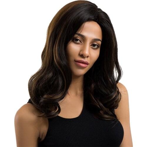 45cm Blend Color Black Gold Women Curly Wig, 18 inch Lady Daily Party Hairpieces, Synthetic Gloss Wavy Wig Heat OK