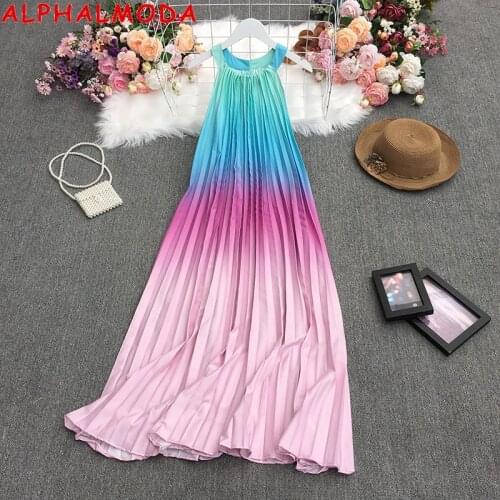 ALPHALMODA 2021 Holiday Halter Neck Rainbow Pleated Loose Dress A-line Sleeveless Women Casual Beach Vocational Boho Dress