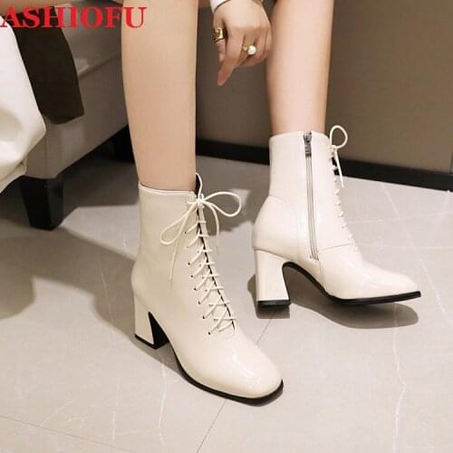 ASHIOFU New Handmade Chunky Heels Womens Boots Shoelace Party Prom Ankle Martin Booties Evening Club Fashion Winter Short Boots