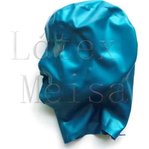 Adults bling metallic blue latex catsuit hoods open eyes & nostrils & mouth