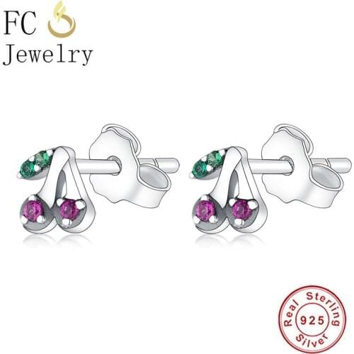 FC Jewelry 100% 925 Silver Cherry Green Color Cubic Zirconia Piercing Stud Earring For Women Accessories Minimalist Brincos 2020