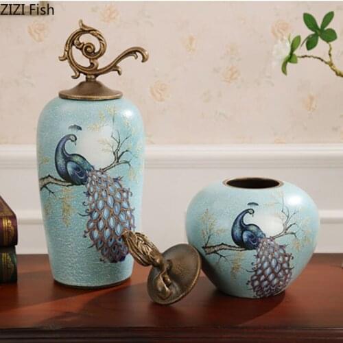 Classical Ceramic Storage Jar Peacock Painted Decorative Vases Floral Arrangement Antique Porcelain Multifunction Ornaments