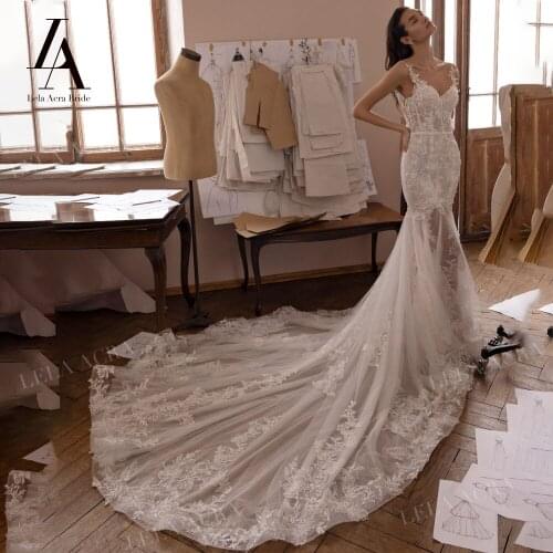 LelaAcra Backless Wedding Dress 2022 Vintage Print Beading Appliques Mermaid Embroidery Bridal Gowns R113 Vestido de noiva