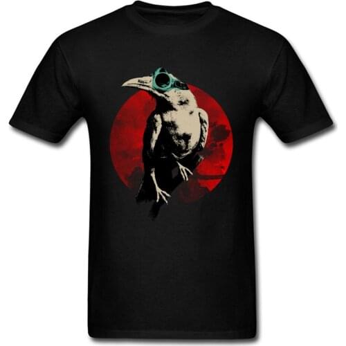 Crow Under Moon T-shirt Men Black T Shirt Cotton Tshirt Vintage Anime Art Design Clothes Adventure Pilot Tops Tees Latest