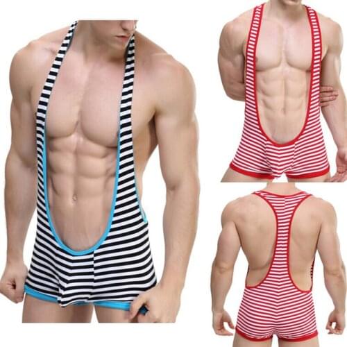 Men Bodysuit Jockstrap Striped Sexy Penis Pouch Underwear Wrestling Singlet Leotard Jumpsuits Suspender Teddies One-piece Shorts