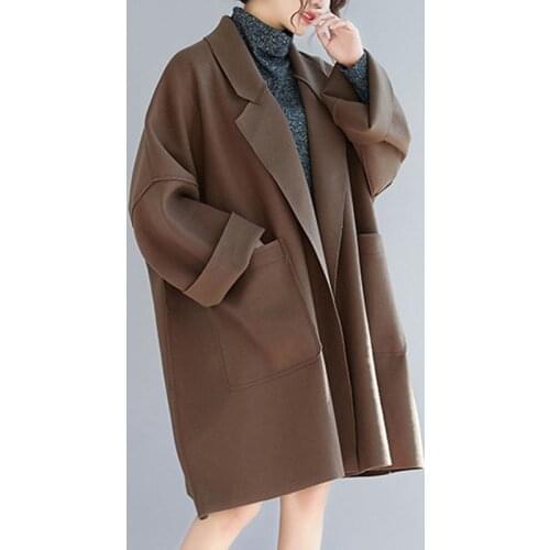 Womens Coat & Jacket Mid-Long Big Pocket Casual Wool Coat Ladies Fashion Large Size 4XL Blended Woolen Windbreaker Outerwear
