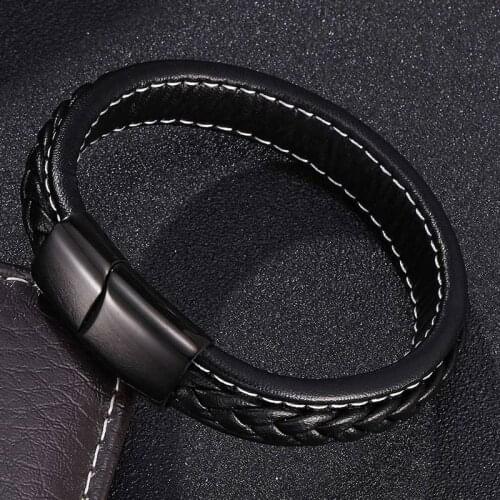 Punk Men Jewelry Black Braided Leather Bracelet Stainless Steel Magnetic Clasp Fashion Bangles Wristband Jewelry Gift BB0019