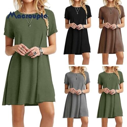 New Summer Womens Short Sleeve Large Size M-2XL Solid Color Dress Round Neck Short Sleeve Loose Slim Commuter Casual