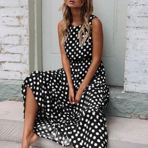 40# Vintage Boho Dress Womens Simple Casual Sexy Polka Dot Print Sleeveless O-neck Long Dress Beach Sundress Vestido De Mujer