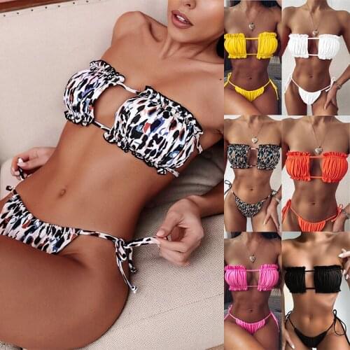 Sexy Bikini 2021 Pleated Bandeau Swimsuit Female Swimwear Women Mini Thong Bikini Set Bather Swimming Beachwear for Bathing Suit