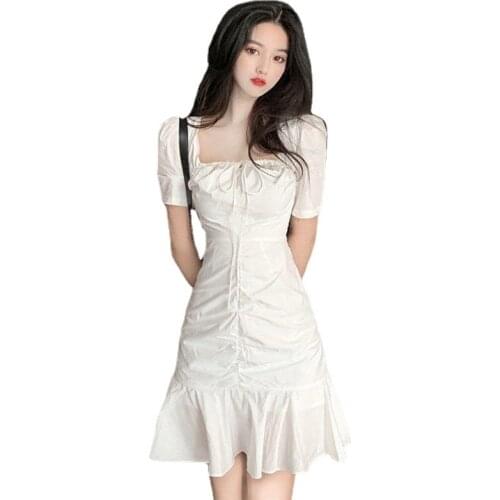 2021 summer French retro white womens sun skirt pleated Ruffle A-line fishtail simple square neck waist bag hip short skirt