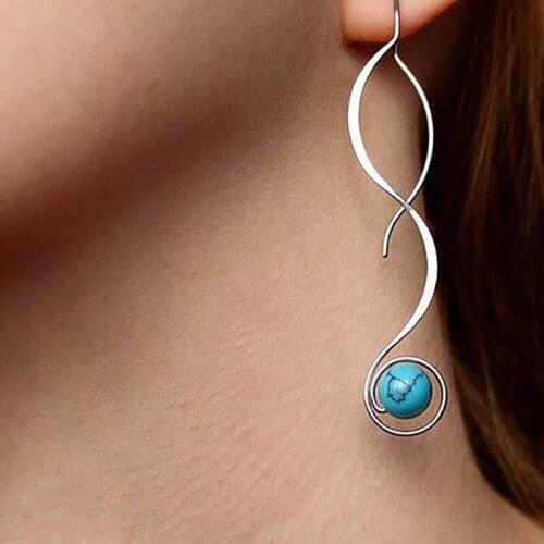 Womens Metal Twist Leaf Blue Stone Vintage Retro Eardrops Jewelry Gift for Girls Bohemia Long Chain Turquoises Drop Earrings