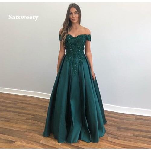 Off Shoulder Dark Green Prom Dresses Appliques Beading Long Formal Party Dresses A-line Draped Skirt Robe De Bal Custom Made