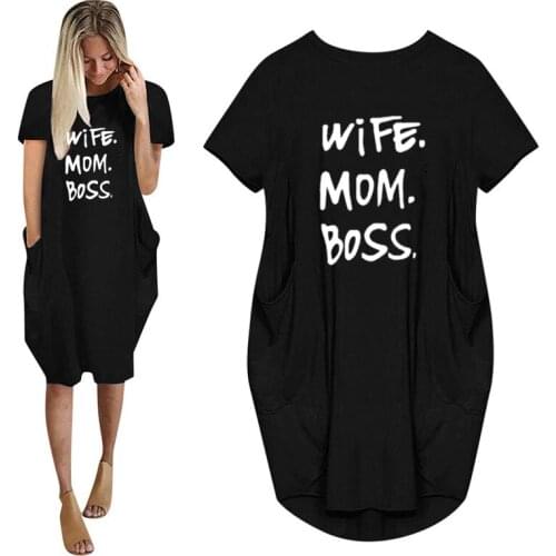 WIFE MOM BOSS Letters Print Women Summer Casual Loose Dress With Pocket Ladies Fashion O Neck Long Tops Female T Shirt Dress